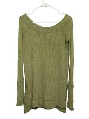 We The Free by Free People Olive Green Waffle Knit Thermal Tunic Top Sz Small